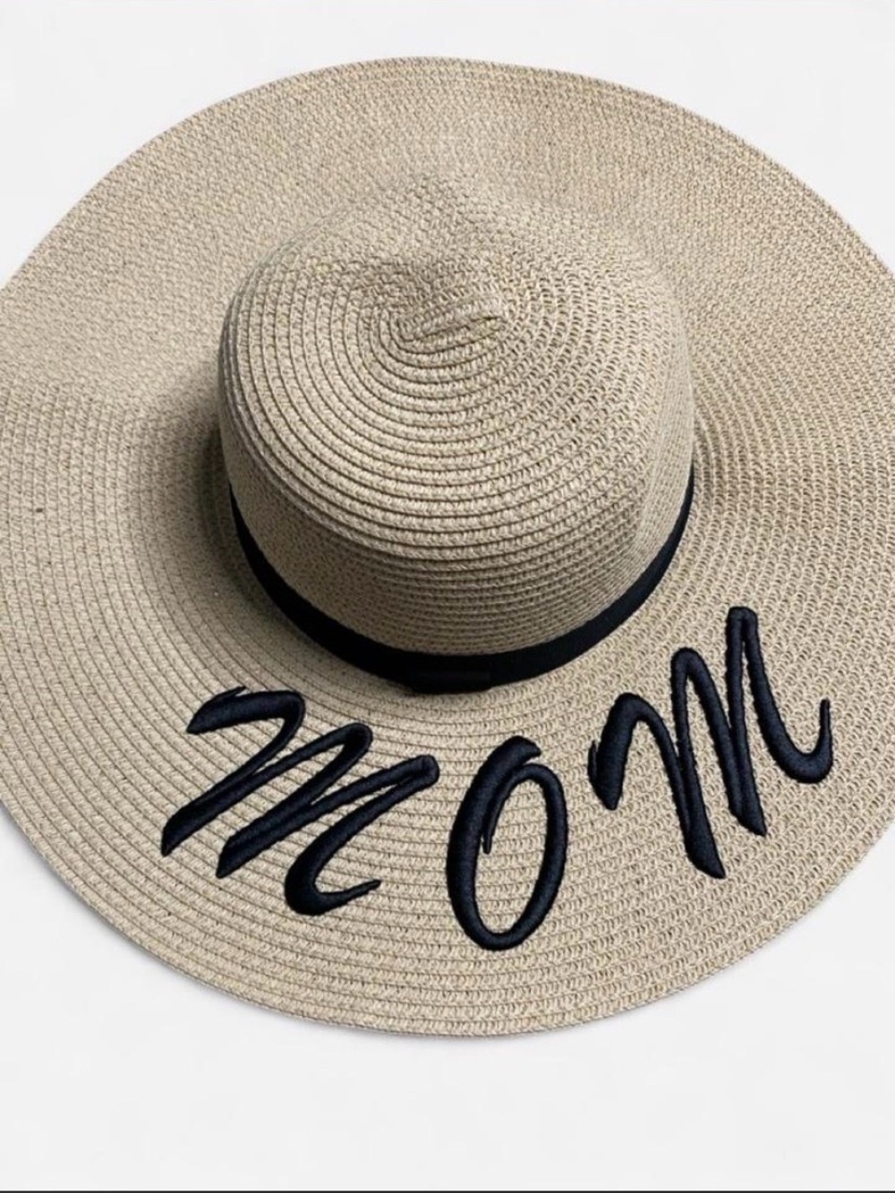 Beige Straw Wide-Brim Hat with Black 'MOM' Embroidery